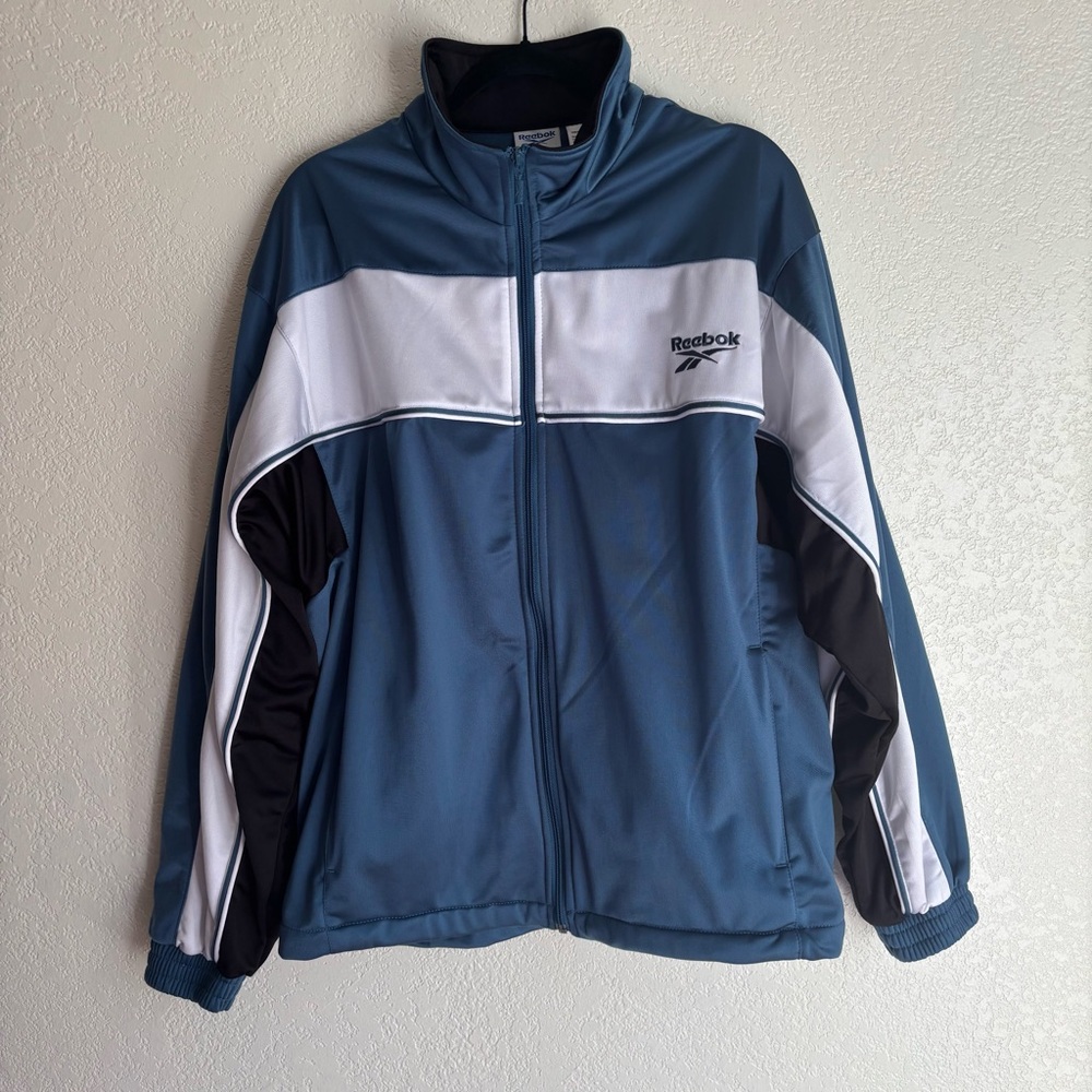 Vintage Reebok Jacket Mens Large White Blue Black Full Zip Pockets Track 90s